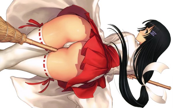 Anime picture 1920x1200 with tony taka long hair highres light erotic black hair wide image white background ass looking back black eyes miko girl thighhighs underwear panties white thighhighs broom