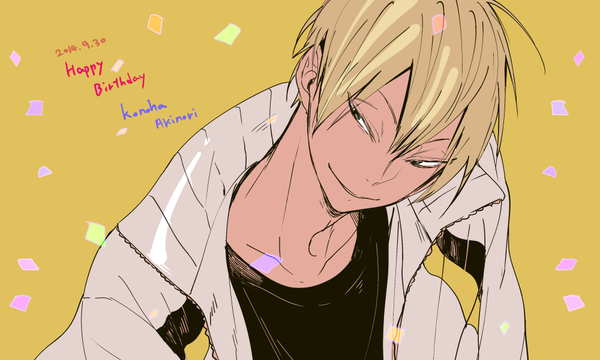 Anime picture 1000x601 with haikyuu!! production i.g konoha akinori saharan single fringe short hair blonde hair smile hair between eyes wide image head tilt open jacket character names dated yellow background happy birthday boy jacket confetti