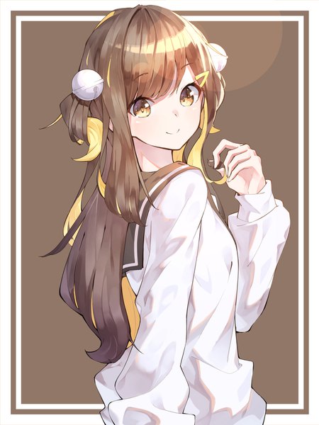 Anime picture 1300x1734 with original se.a single long hair tall image looking at viewer blush fringe simple background smile brown hair brown eyes payot upper body long sleeves looking back two side up holding hair brown background girl
