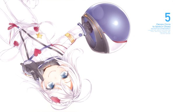 Anime picture 6866x4402 with denpa onna to seishun otoko shaft (studio) hoshimiya yashiro buriki single long hair blush highres blue eyes simple background smile white background absurdres white hair scan official art loli girl hair ornament helmet