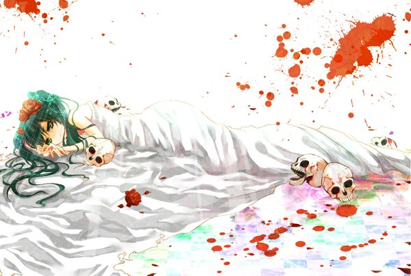 Anime picture 1024x688 with vocaloid hatsune miku long hair bare shoulders lying hair flower aqua eyes aqua hair girl hair ornament flower (flowers) petals blood skull