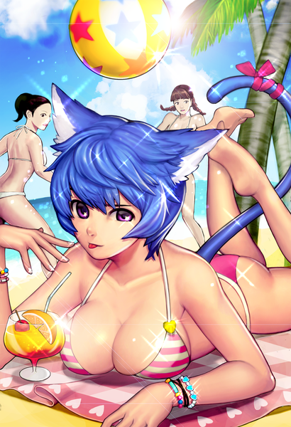 Anime picture 1500x2195 with original mingyeong tall image looking at viewer short hair breasts light erotic purple eyes animal ears blue hair tail animal tail cat ears cat girl cat tail girl swimsuit plant (plants) bikini tree (trees)