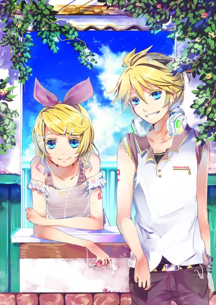 Anime-Bild 700x989 mit vocaloid kagamine rin kagamine len lulu season tall image looking at viewer fringe short hair blue eyes blonde hair smile hair between eyes standing holding sky cloud (clouds) upper body head tilt clothes writing twins