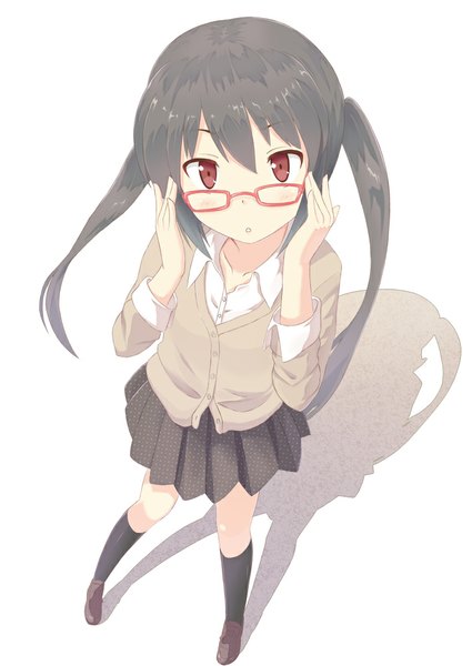 Anime picture 708x1000 with k-on! kyoto animation nakano azusa momo no kanzume single long hair tall image looking at viewer black hair red eyes twintails shadow girl skirt shirt socks glasses black socks