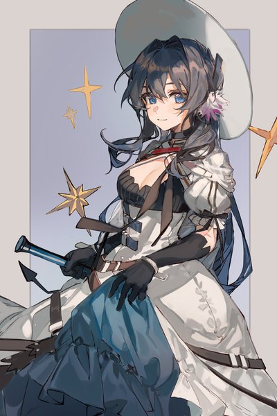 Anime picture 2000x3000 with arknights astesia (arknights) astesia (starseeker) (arknights) ciloranko single long hair tall image looking at viewer fringe highres blue eyes black hair hair between eyes cleavage official alternate costume border outside border girl dress gloves