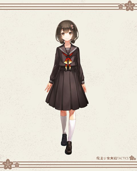 Anime picture 825x1031 with original comin (artist) single tall image looking at viewer short hair smile brown hair standing brown eyes pleated skirt walking girl skirt uniform hair ornament socks serafuku shoes hairclip