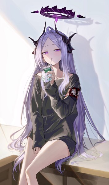 Anime picture 2420x4096 with blue archive hina (blue archive) kuren kren single long hair tall image looking at viewer highres sitting purple eyes silver hair ahoge long sleeves horn (horns) shadow sleeves past wrists drinking girl halo armband