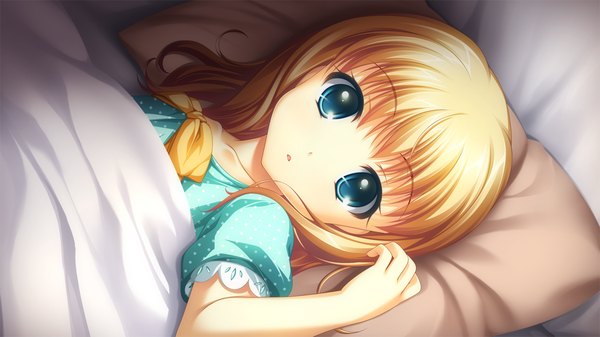 Anime picture 1280x720 with artemis blue single blue eyes blonde hair wide image game cg loli girl pillow
