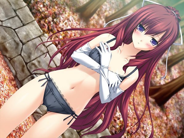 Anime picture 1024x768 with 11 eyes doga kobo kusakabe misuzu single long hair looking at viewer blush fringe light erotic hair between eyes standing purple eyes game cg ponytail red hair underwear only covering covering breasts girl gloves