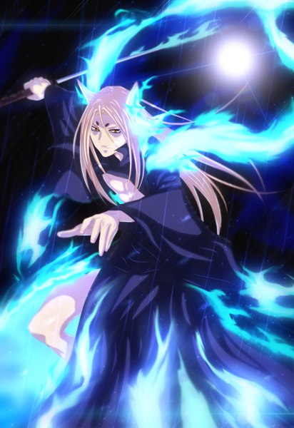 Anime picture 1000x1454 with rosario+vampire tempestdh single long hair tall image blonde hair yellow eyes light smile pointy ears coloring magic light boy weapon sword katana cloak