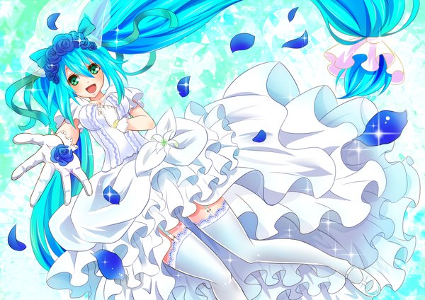 Anime picture 1228x868 with vocaloid hatsune miku salan wrap single blush open mouth twintails very long hair aqua eyes aqua hair wedding girl thighhighs dress gloves flower (flowers) petals white thighhighs rose (roses) wedding dress