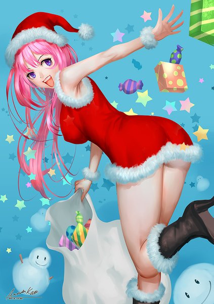 Anime picture 635x900 with original ariver kao single long hair tall image looking at viewer open mouth blue eyes light erotic pink hair fur trim christmas girl hat boots star (symbol) fur gift santa claus hat
