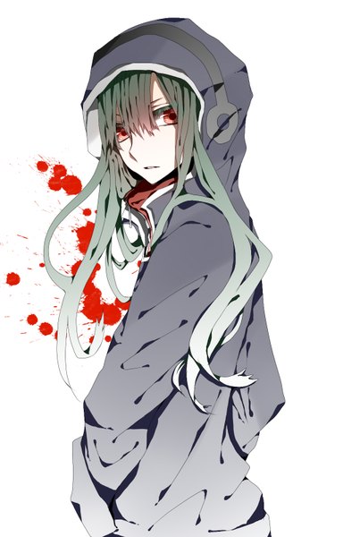 Anime picture 1024x1600 with kagerou project shaft (studio) kido tsubomi ri-rihoo hakuri single long hair tall image fringe simple background hair between eyes red eyes white background looking away parted lips looking back green hair hands in pockets girl hood