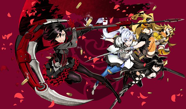 Anime picture 2026x1192 with rwby rooster teeth ruby rose weiss schnee blake belladonna yang xiao long miwa shirow long hair looking at viewer fringe highres short hair breasts blue eyes black hair simple background blonde hair smile hair between eyes wide image