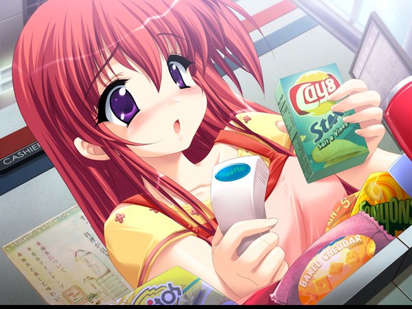 Anime picture 1024x768 with moero downhill night 2 lay's asahina rinka emily (pure dream) single long hair blush open mouth purple eyes game cg upper body red hair girl