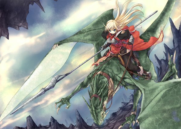 Anime picture 1119x800 with kirishima satoshi long hair blue eyes blonde hair sitting pointy ears rock girl weapon armor dragon spear claws