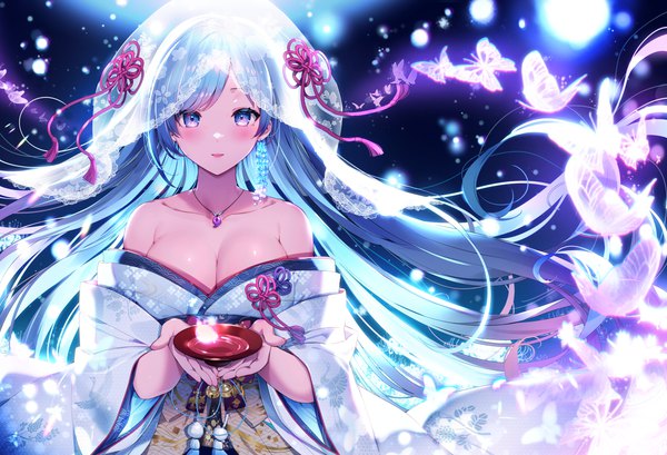 Anime picture 6656x4533 with original emori miku project emori miku kat (bu-kunn) single long hair looking at viewer blush fringe highres breasts open mouth light erotic smile large breasts standing holding absurdres traditional clothes japanese clothes