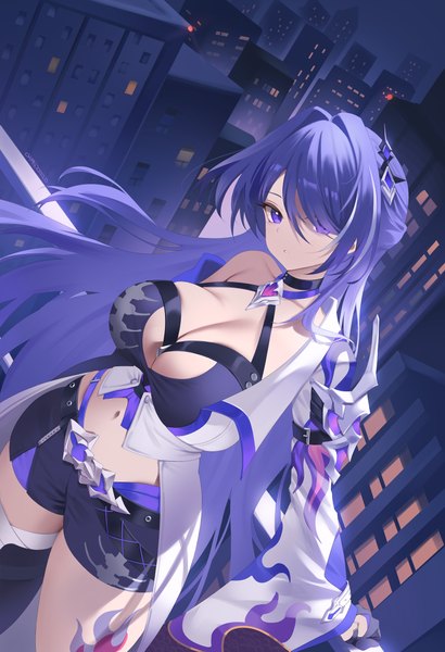 Anime picture 2500x3657 with honkai: star rail honkai (series) acheron (honkai: star rail) zzo (chorizzzzo) single long hair tall image looking at viewer fringe highres breasts light erotic large breasts standing purple eyes purple hair outdoors head tilt hair over one eye night