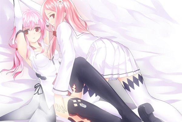 Anime picture 1024x689 with guilty crown production i.g yuzuriha inori ouma mana mizuki ame long hair red eyes multiple girls pink hair girl thighhighs skirt gloves hair ornament black thighhighs 2 girls miniskirt shirt white thighhighs elbow gloves