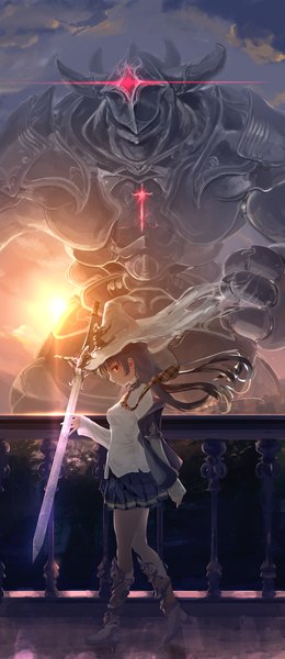 Anime picture 1000x2300 with original kouji (astral reverie) long hair tall image looking at viewer fringe smile red eyes standing holding purple hair parted lips profile pleated skirt wind sunlight glowing weapon knight girl skirt