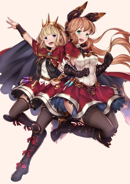 Anime picture 1200x1697 with granblue fantasy clarisse (granblue fantasy) cagliostro (granblue fantasy) pak ce long hair tall image blush blue eyes blonde hair brown hair multiple girls girl thighhighs dress gloves hair ornament black thighhighs 2 girls black gloves boots