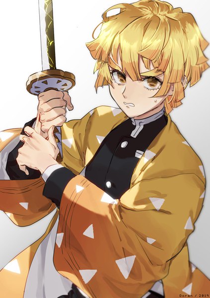 Anime picture 1200x1703 with kimetsu no yaiba ufotable agatsuma zenitsu doran7280 single tall image looking at viewer fringe short hair simple background blonde hair hair between eyes brown eyes upper body traditional clothes japanese clothes sweatdrop clenched teeth boy weapon