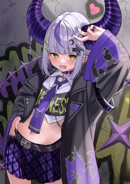 Anime picture 2894x4093 with virtual youtuber hololive la+ darknesss la+ darknesss (3rd costume) nisi ki no single tall image looking at viewer fringe highres short hair open mouth yellow eyes silver hair blunt bangs nail polish :d pleated skirt multicolored hair horn (horns)