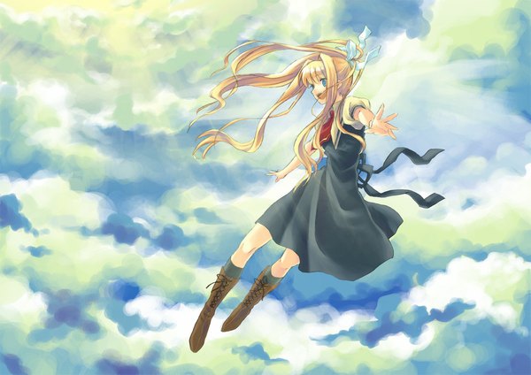 Anime picture 1168x826 with air key (studio) kamio misuzu yone f15 single long hair open mouth blue eyes blonde hair looking away sky cloud (clouds) full body wind sunlight spread arms girl dress ribbon (ribbons) hair ribbon