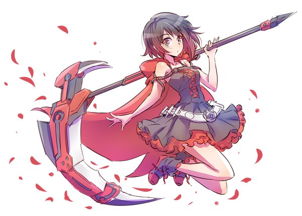 Anime picture 2000x1428 with rwby rooster teeth ruby rose iesupa single looking at viewer highres short hair black hair simple background white background holding brown eyes full body red hair parted lips multicolored hair two-tone hair sleeveless lolita fashion