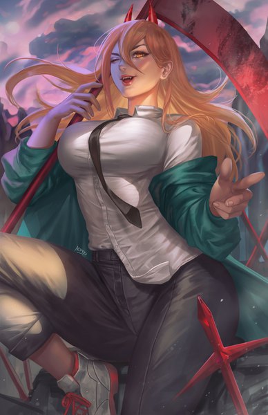 Anime picture 3300x5100 with chainsaw man mappa power (chainsaw man) nopeys single long hair tall image looking at viewer fringe highres breasts open mouth blonde hair smile hair between eyes large breasts sitting holding signed absurdres