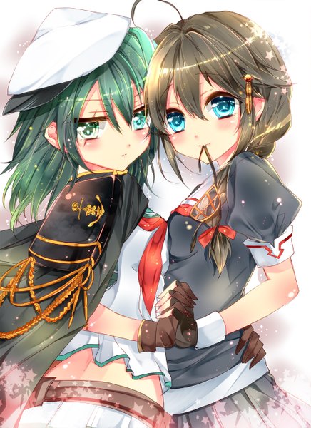 Anime picture 1000x1375 with kantai collection shigure destroyer kiso light cruiser bariko long hair tall image looking at viewer blush short hair blue eyes light erotic simple background smile brown hair white background multiple girls holding green eyes ahoge braid (braids)