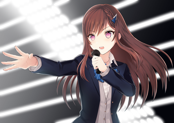 Anime picture 1200x848 with virtual youtuber game club project riot music doumyouji cocoa caopy single long hair blush fringe open mouth hair between eyes brown hair holding payot looking away upper body braid (braids) long sleeves pink eyes outstretched arm
