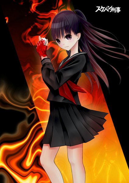 Anime picture 827x1169 with original chikuwa (odennabe) single long hair tall image looking at viewer black hair ponytail black eyes girl skirt gloves uniform school uniform serafuku fingerless gloves