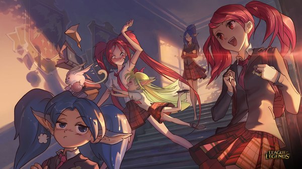 Anime picture 1920x1080 with league of legends jinx (league of legends) lux (league of legends) lulu (league of legends) janna windforce poppy (league of legends) star guardian lux star guardian jinx star guardian janna star guardian lulu star guardian poppy long hair blush fringe highres open mouth blue eyes blonde hair smile red eyes