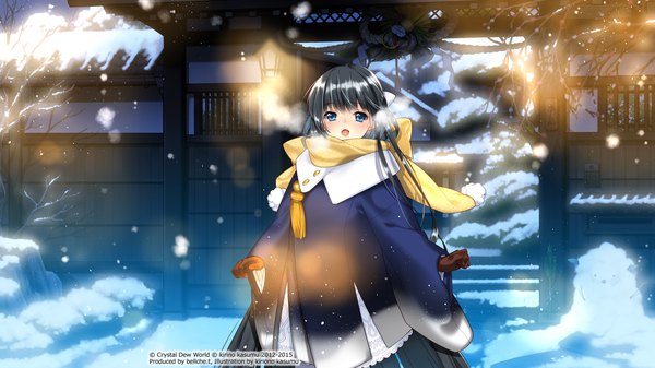 Anime picture 7680x4320 with original kirino kasumu single long hair looking at viewer blush highres open mouth blue eyes black hair wide image absurdres light snowing winter snow exhalation bare tree 2015 2012