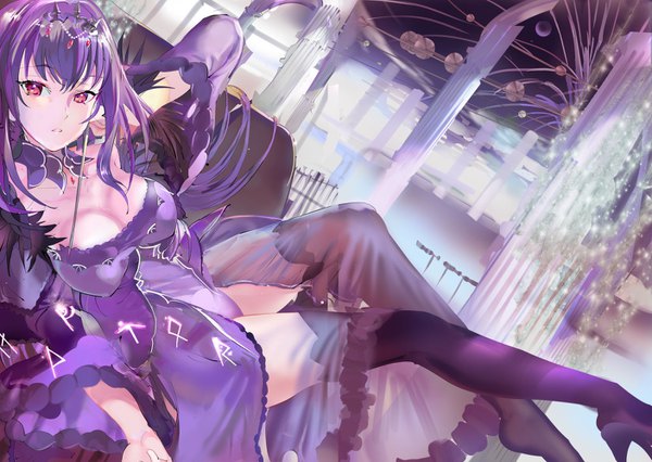 Anime picture 1406x1000 with fate (series) fate/grand order scathach (fate) (all) scathach skadi (fate) 119 single long hair looking at viewer blush fringe breasts light erotic hair between eyes cleavage purple hair parted lips pink eyes wide sleeves high heels dutch angle