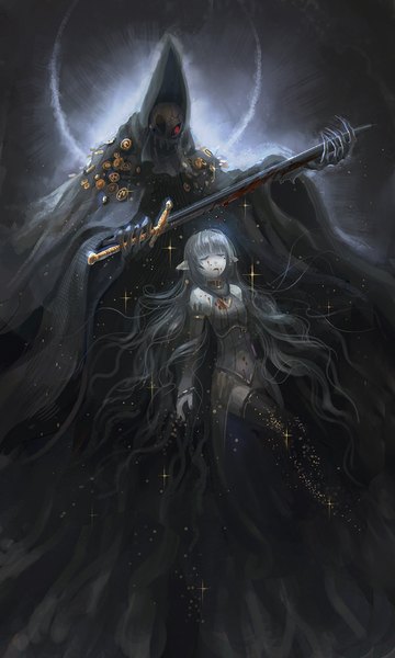 Anime picture 600x1000 with original pixiv fantasia pixiv pixiv fantasia sword regalia death (entity) seeker tall image fringe red eyes holding silver hair eyes closed very long hair pointy ears dark background wavy hair glow weightlessness weapon sword