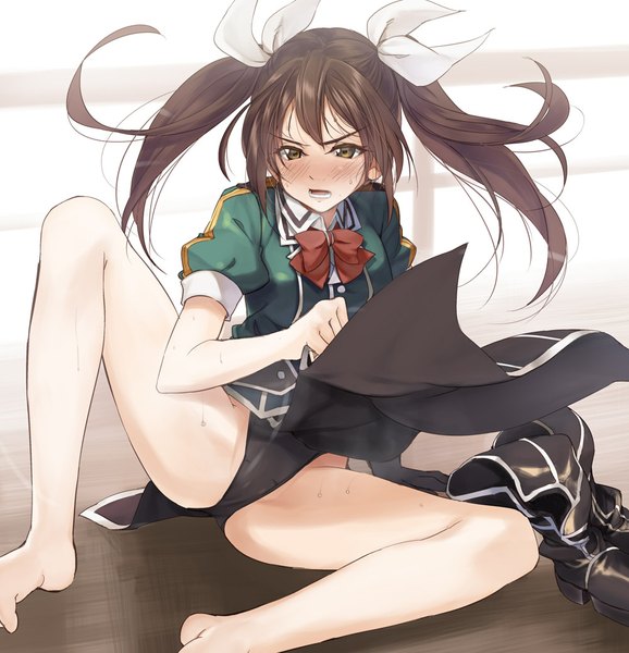 Anime picture 1000x1037 with kantai collection tone heavy cruiser tone (kantai collection) kabocha (monkey4) single long hair tall image blush light erotic brown hair sitting twintails brown eyes barefoot wind sweat spread legs eyebrows summer girl