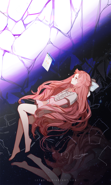 Anime picture 700x1167 with shelter (music video) rin (shelter) yueko (jiayue wu) single tall image looking away pink hair full body very long hair profile pink eyes barefoot reflection half updo girl dress bow hair bow