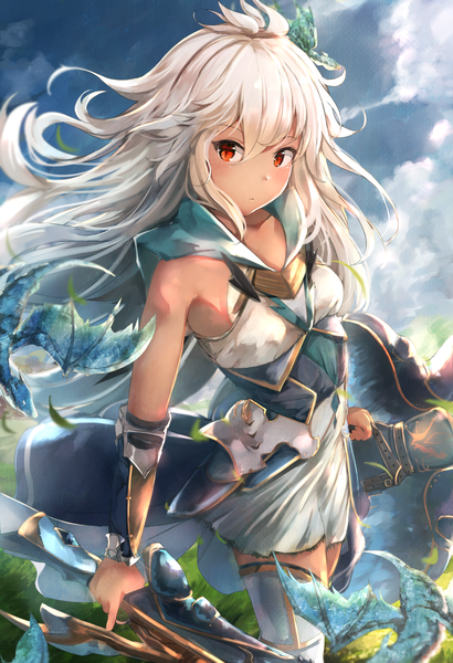Anime picture 1915x2796 with granblue fantasy the order grande ponyaru single long hair tall image looking at viewer blush fringe highres hair between eyes red eyes holding sky silver hair cloud (clouds) ahoge outdoors looking back wind