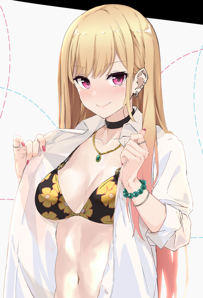 Anime picture 2800x4096 with sono bisque doll wa koi wo suru cloverworks kitagawa marin rauto single long hair tall image looking at viewer blush highres breasts light erotic blonde hair smile large breasts upper body nail polish pink eyes open shirt piercing