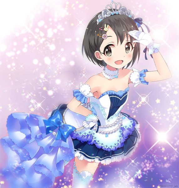 Anime picture 1000x1050 with idolmaster idolmaster cinderella girls idolmaster cinderella girls starlight stage sasaki chie mizuki makoto single tall image looking at viewer blush short hair open mouth black hair black eyes starry sky bright girl thighhighs dress gloves bow white thighhighs