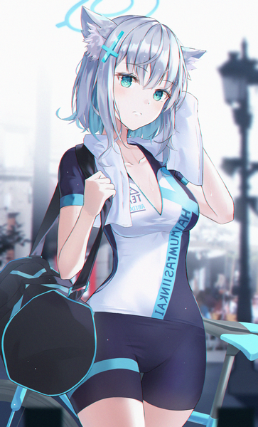 Anime picture 1062x1754 with blue archive shiroko (blue archive) shiroko (cycling) (blue archive) hyonee single tall image looking at viewer blush fringe short hair blue eyes hair between eyes standing animal ears cleavage silver hair outdoors cat ears short sleeves cat girl