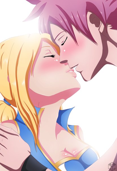 Anime picture 1608x2336 with fairy tail lucy heartfilia natsu dragneel medaka-kun long hair tall image blush short hair blonde hair white background pink hair ponytail eyes closed profile lips coloring face to face almost kiss girl boy