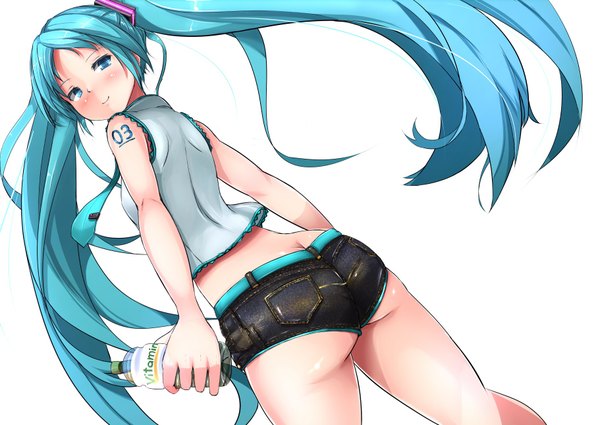 Anime picture 1821x1290 with vocaloid hatsune miku sukesan single long hair looking at viewer blush highres light erotic simple background white background twintails ass looking back aqua eyes light smile aqua hair tattoo girl necktie