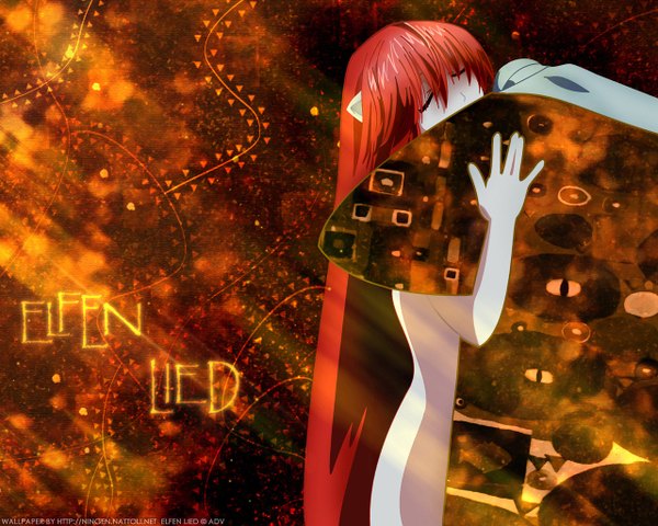 Anime picture 1280x1024 with elfen lied arms corporation lucy ningen (nattoli) single long hair light erotic red hair eyes closed horn (horns) nude inscription wallpaper hug screencap redraw derivative work girl