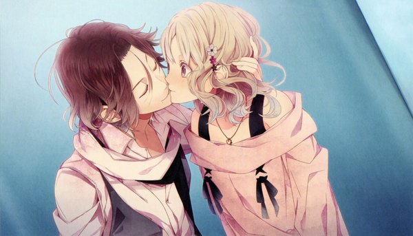 Anime picture 2048x1171 with diabolik lovers idea factory komori yui sakamaki raito satoi (artist) highres short hair blonde hair smile brown hair wide image eyes closed open clothes grey eyes open shirt embarrassed wavy hair hand on head almost kiss girl