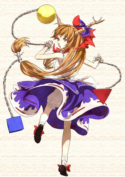 Anime picture 707x1000 with touhou ibuki suika egawa satsuki single long hair tall image fringe simple background blonde hair full body bent knee (knees) very long hair looking back horn (horns) orange hair orange eyes back girl dress underwear