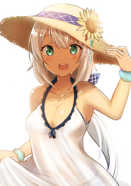 Anime picture 2508x3541 with original shibakame single long hair tall image looking at viewer blush fringe highres breasts open mouth simple background hair between eyes white background bare shoulders green eyes cleavage silver hair upper body sunlight