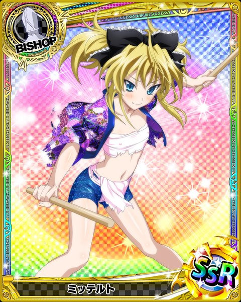 Anime picture 640x800 with highschool dxd mittelt single tall image blush short hair blue eyes light erotic blonde hair smile looking away traditional clothes japanese clothes torn clothes flat chest card (medium) girl navel bow hair bow